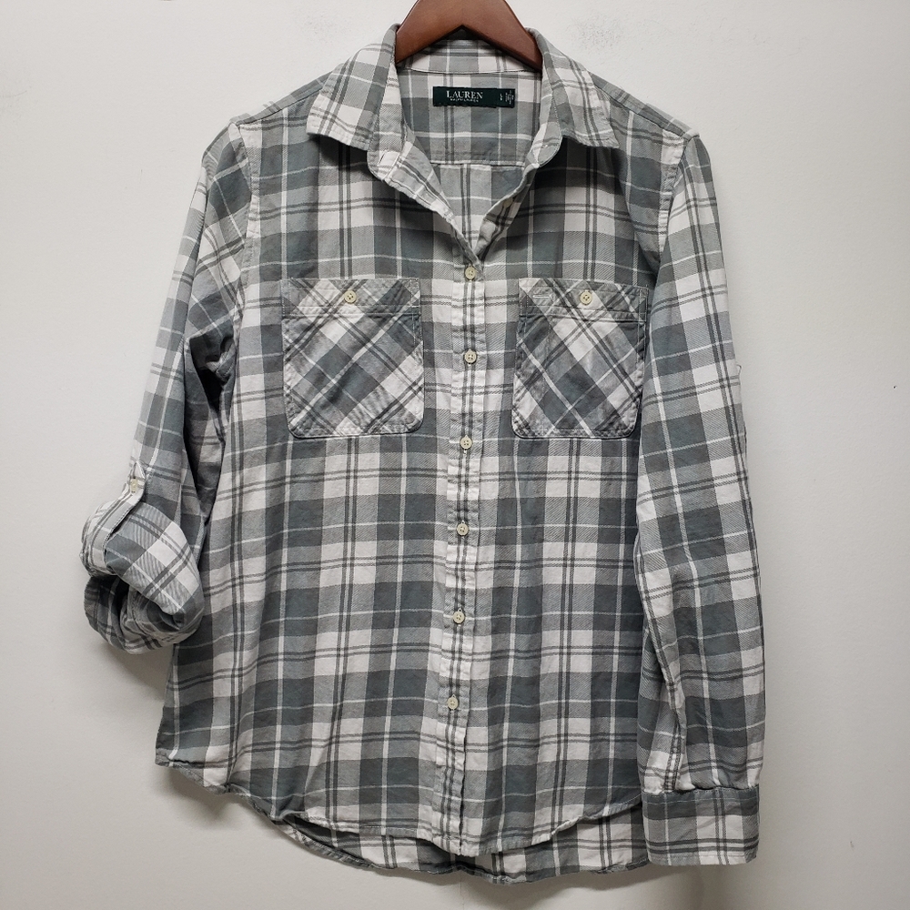 Lauren Ralph Lauren LS Shirt Rimnan Plaid Twill Roll-Tab Size L Old Money Pocket